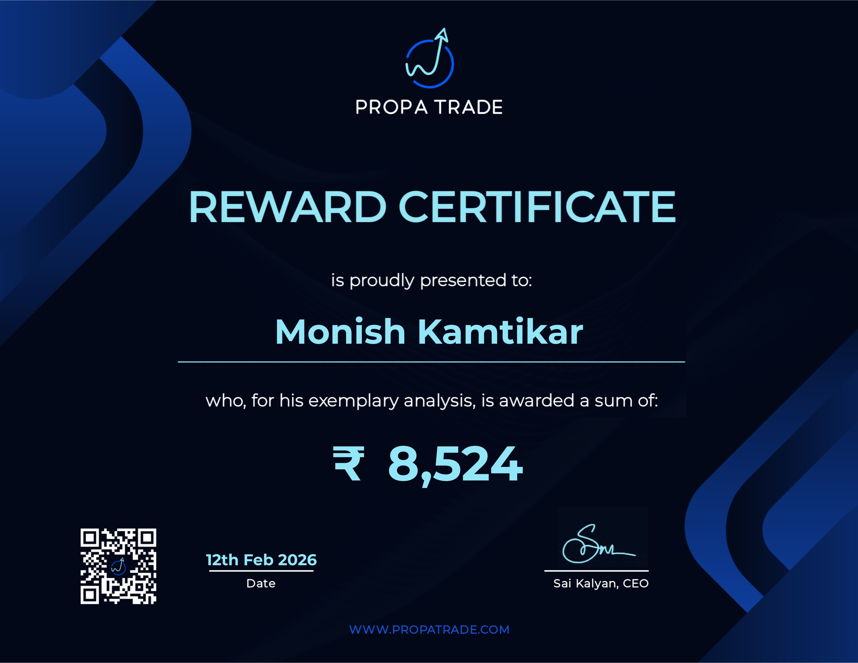 Reward Certificate - Monish Kamtikar